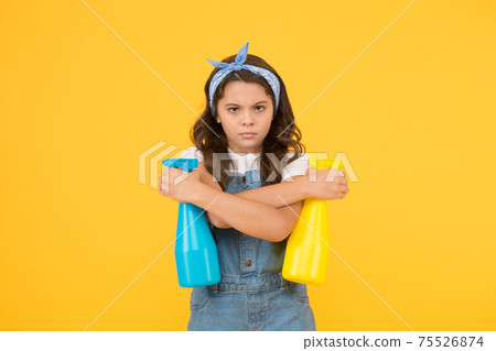 Household as battle. Girl cute kid cleaning around. Protect Household as battle. Girl cute kid cleaning around. Protect 75526874