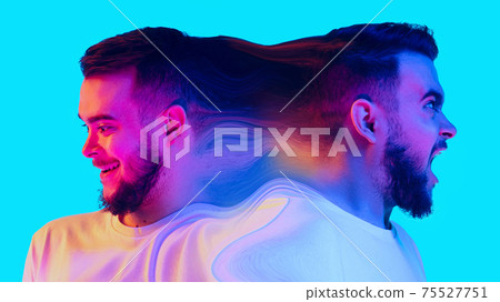 Mental health concept in creative way. Man with different emotions connected by colorful wave. 75527751