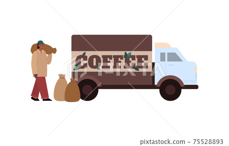 Worker loads bags with coffee into truck, cartoon vector illustration isolated. Worker loads bags with coffee into truck, cartoon vector illustration isolated. 75528893