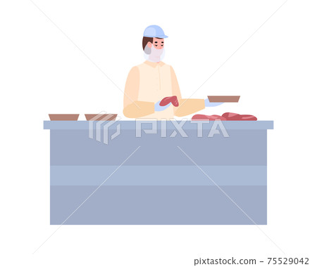 Meat processing factory worker packs meat, cartoon vector illustration isolated. Meat processing factory worker packs meat, cartoon vector illustration isolated. 75529042