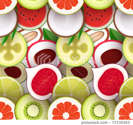 Fruit seamless texture. Pattern with pieces of fruit. Texture for packaging and background. Bright repeatable backdrop. Vector illustration 75530563