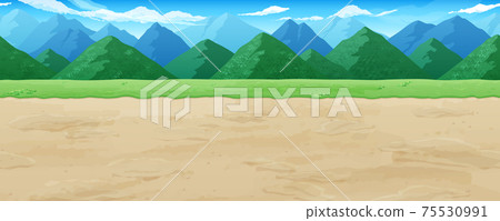 Soil road and grass and mountain landscape illustration_side-scrolling game background_seamless 75530991