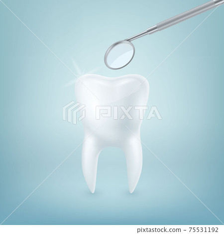 Vector 3d Realistic Tooth and Dental Mirror for Teeth Closeup on Blue Background. Medical Dentist Tool. Design Template, Clipart, Mockup. Dentistry, Healthcare, Hygiene Concept Vector 3d Realistic Tooth and Dental Mirror for Teeth Closeup on Blue Background. Medical Dentist Tool. Design Template, Clipart, Mockup. Dentistry, Healthcare, Hygiene Concept 75531192