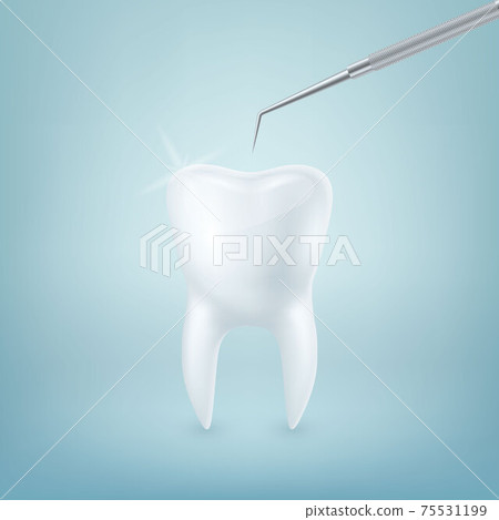 Vector 3d Realistic Tooth and Dental Probe for Teeth Closeup on Blue Background. Medical Dentist Tool. Design Template, Clipart, Mockup. Dentistry, Healthcare, Hygiene Concept 75531199