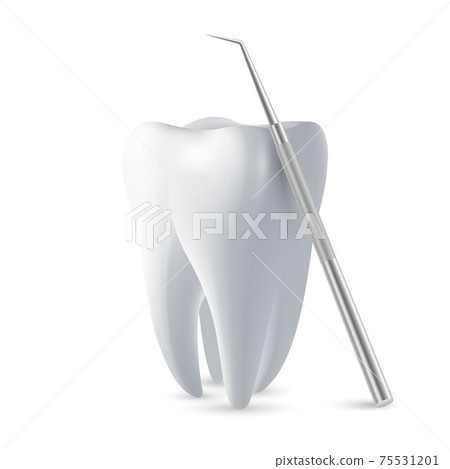 Vector 3d Realistic Tooth and Dental Probe for Teeth Closeup Isolated on White Background. Medical Dentist Tool. Design Template, Clipart, Mockup. Dentistry, Healthcare, Hygiene Concept Vector 3d Realistic Tooth and Dental Probe for Teeth Closeup Isolated on White Background. Medical Dentist Tool. Design Template, Clipart, Mockup. Dentistry, Healthcare, Hygiene Concept 75531201