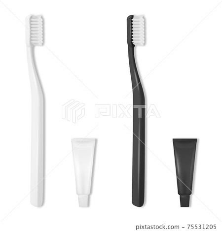 Vector 3d Realistic White and Black Hotel Plastic Blank Toothbrush and Tooth Paste Tube Set Isolated on White. Design Template, Mockup. Dentistry, Healthcare, Hygiene Concept. Tooth Brush, Top View 75531205