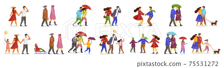 People walk with umbrellas, children, sledges, dogs, ride on ice, enjoy the heat. Family walks People walk with umbrellas, children, sledges, dogs, ride on ice, enjoy the heat. Family walks 75531272