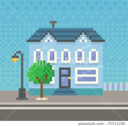 House surrounded by green spaces and plants. Building with many windows for pixel game design 75531298