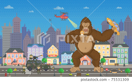 King kong in pixel-game layout design. Gorilla attacks humanity, holds pixel girl in hands King kong in pixel-game layout design. Gorilla attacks humanity, holds pixel girl in hands 75531309