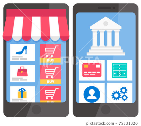 Screens of phones with the image of layout design of the application for payment and online shopping Screens of phones with the image of layout design of the application for payment and online shopping 75531320