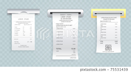 Payment check paper document poked out of the cash register. Buying financial invoice bill Payment check paper document poked out of the cash register. Buying financial invoice bill 75531439