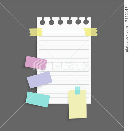 Paper notes stickers. Place for memo messages on paper sheets. Attached with sticky colorful tape on grey background isolated realistic vector illustration 75531474