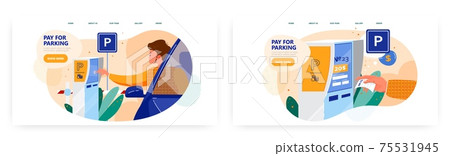 Pay for parking, landing page design, website banner vector template set. Self service technologies. 75531945