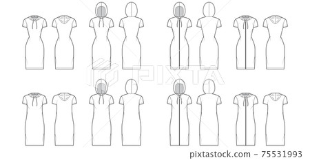 Set of Zip-up Hoody dresses technical fashion illustration with short sleeves, knee length, oversized, fitted body Set of Zip-up Hoody dresses technical fashion illustration with short sleeves, knee length, oversized, fitted body 75531993