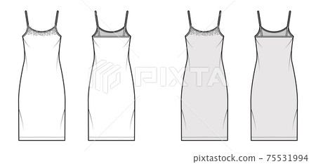 Chemise dress Sleepwear Pajama technical fashion illustration with knee length, lace, scoop neck cami trapeze silhouette Chemise dress Sleepwear Pajama technical fashion illustration with knee length, lace, scoop neck cami trapeze silhouette 75531994