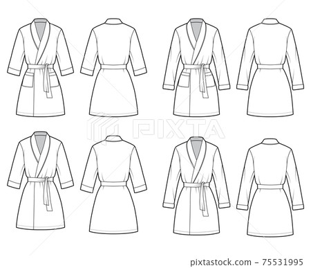 Set of Bathrobes Dressing gown technical fashion illustration with wrap opening, mini length, tie, elbow long sleeves. Set of Bathrobes Dressing gown technical fashion illustration with wrap opening, mini length, tie, elbow long sleeves. 75531995