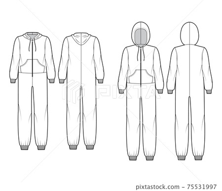 Set of Onesie overall jumpsuit sleepwear technical fashion illustration with hood, zipper closure, kangaroo pouch Set of Onesie overall jumpsuit sleepwear technical fashion illustration with hood, zipper closure, kangaroo pouch 75531997