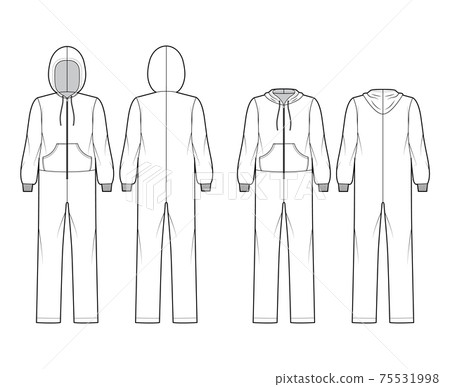 Set of Onesie overall jumpsuit sleepwear technical fashion illustration with hood, zipper closure, kangaroo pouch Set of Onesie overall jumpsuit sleepwear technical fashion illustration with hood, zipper closure, kangaroo pouch 75531998