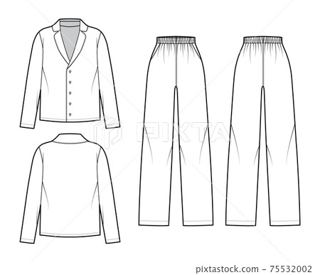 Set of Sleepwear Pajamas shirt, pants technical fashion illustration with full length, normal waist, oversized, pockets Set of Sleepwear Pajamas shirt, pants technical fashion illustration with full length, normal waist, oversized, pockets 75532002