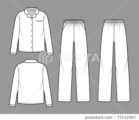 Set of Sleepwear Pajamas shirt, pants technical fashion illustration with full length, low waist, oversized, pockets Set of Sleepwear Pajamas shirt, pants technical fashion illustration with full length, low waist, oversized, pockets 75532003