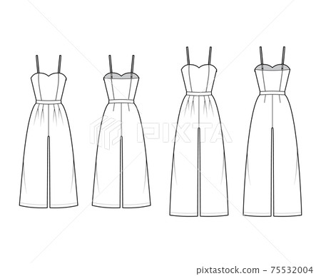Set of cami jumpsuits culotte overall technical fashion illustration with full ankle length, rise, double pleats, strap Set of cami jumpsuits culotte overall technical fashion illustration with full ankle length, rise, double pleats, strap 75532004