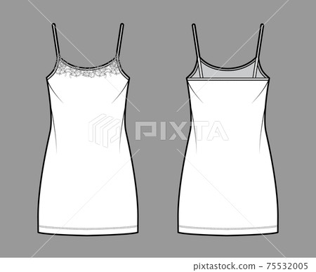 Chemise dress Sleepwear Pajama technical fashion illustration with mini length, lace scoop neck cami, trapeze silhouette Chemise dress Sleepwear Pajama technical fashion illustration with mini length, lace scoop neck cami, trapeze silhouette 75532005