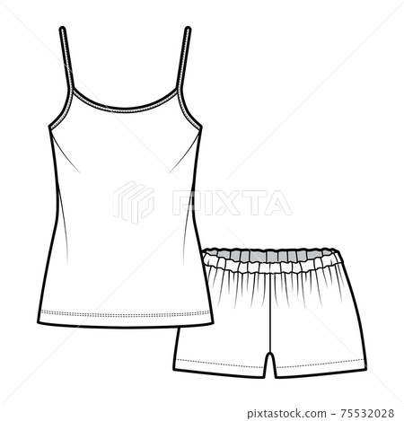 Camisole Pajama short Sleepwear technical fashion illustration with scoop neck cami, mini length, low elastic waist 75532028