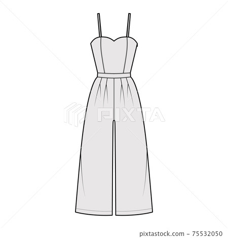 Cami jumpsuits culotte overall technical fashion illustration with ankle length, normal waist, rise, strap, fitted body Cami jumpsuits culotte overall technical fashion illustration with ankle length, normal waist, rise, strap, fitted body 75532050