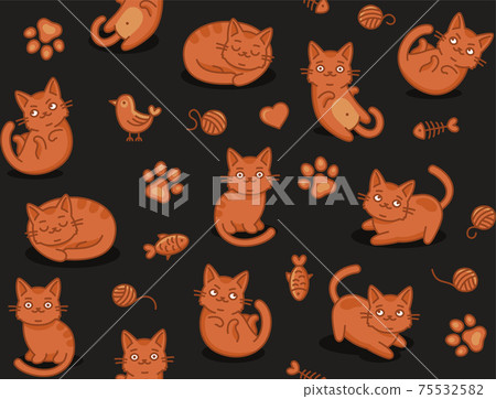 Cute Cartoon Cat Seamless Pattern on Dark Background. Vector Cute Cartoon Cat Seamless Pattern on Dark Background. Vector 75532582