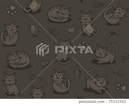 Cute Cartoon Cat Seamless Pattern on Dark Background. Vector Cute Cartoon Cat Seamless Pattern on Dark Background. Vector 75532583
