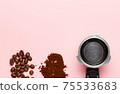 Detail of espresso machine filter, ground coffee and coffee beans. 75533683