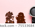 Detail of espresso machine filter, ground coffee and coffee beans. 75533684