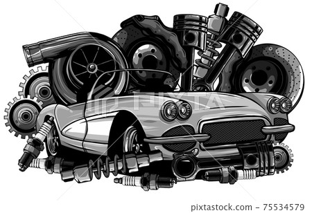 monochromatic Vintage car components collection witn automobile motor engine piston steering wheel tire headlights speedometer gearbox shock absorber isolated vector illustration monochromatic Vintage car components collection witn automobile motor engine piston steering wheel tire headlights speedometer gearbox shock absorber isolated vector illustration 75534579