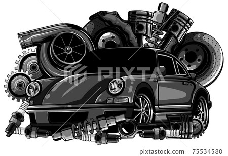 monochromatic Vintage car components collection witn automobile motor engine piston steering wheel tire headlights speedometer gearbox shock absorber isolated vector illustration monochromatic Vintage car components collection witn automobile motor engine piston steering wheel tire headlights speedometer gearbox shock absorber isolated vector illustration 75534580