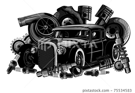 monochromatic Vintage car components collection witn automobile motor engine piston steering wheel tire headlights speedometer gearbox shock absorber isolated vector illustration monochromatic Vintage car components collection witn automobile motor engine piston steering wheel tire headlights speedometer gearbox shock absorber isolated vector illustration 75534583