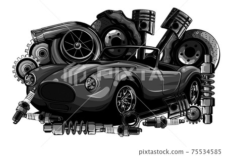 monochromatic Vintage car components collection witn automobile motor engine piston steering wheel tire headlights speedometer gearbox shock absorber isolated vector illustration monochromatic Vintage car components collection witn automobile motor engine piston steering wheel tire headlights speedometer gearbox shock absorber isolated vector illustration 75534585