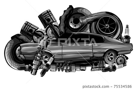 monochromatic Vintage car components collection witn automobile motor engine piston steering wheel tire headlights speedometer gearbox shock absorber isolated vector illustration monochromatic Vintage car components collection witn automobile motor engine piston steering wheel tire headlights speedometer gearbox shock absorber isolated vector illustration 75534586