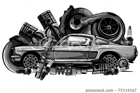 monochromatic Vintage car components collection witn automobile motor engine piston steering wheel tire headlights speedometer gearbox shock absorber isolated vector illustration monochromatic Vintage car components collection witn automobile motor engine piston steering wheel tire headlights speedometer gearbox shock absorber isolated vector illustration 75534587