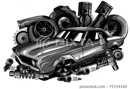 monochromatic Vintage car components collection witn automobile motor engine piston steering wheel tire headlights speedometer gearbox shock absorber isolated vector illustration monochromatic Vintage car components collection witn automobile motor engine piston steering wheel tire headlights speedometer gearbox shock absorber isolated vector illustration 75534588