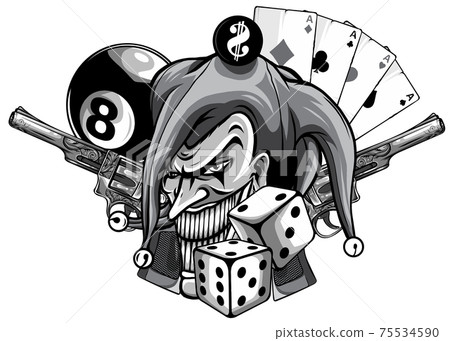 monochromatic Vector hand drawn illustration of angry clown with guns isolated. 75534590