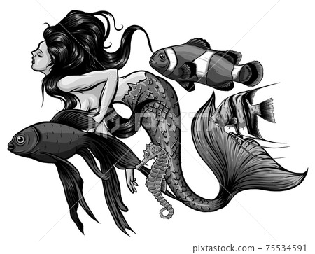monochromatic Mermaid, sea animals and seaweed on a white background monochromatic Mermaid, sea animals and seaweed on a white background 75534591