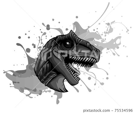 monochromatic vector illustration of a T Rex, Tyrannosaurus Rex dinosaur ripping through a wall monochromatic vector illustration of a T Rex, Tyrannosaurus Rex dinosaur ripping through a wall 75534596