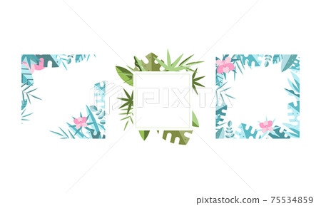 Square Frames with Green Leaves Around Border Vector Set 75534859