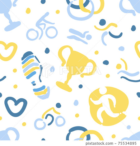 Triathlon Seamless Pattern, Sports Club Endless Repeating Print Can be Used for Background, Wallpaper, Textile, Packaging Hand Drawn Vector Illustration 75534895