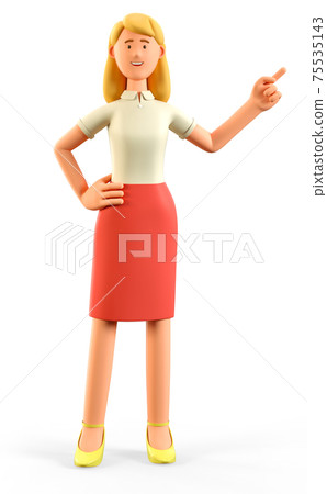 3D illustration of standing beautiful blonde woman pointing finger at direction. 3D illustration of standing beautiful blonde woman pointing finger at direction. 75535143