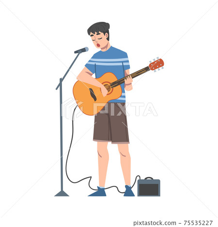 Man Playing Acoustic Guitar with Microphone, Male Musician Playing Strings at Musical Performance Cartoon Style Vector Illustration Man Playing Acoustic Guitar with Microphone, Male Musician Playing Strings at Musical Performance Cartoon Style Vector Illustration 75535227