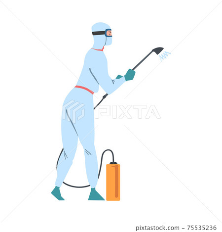 Coronavirus Prevention Concept, Person in White Protective Suit and Mask Disinfecting Public Places from Bacteria and Viruses Cartoon Style Vector Illustration Coronavirus Prevention Concept, Person in White Protective Suit and Mask Disinfecting Public Places from Bacteria and Viruses Cartoon Style Vector Illustration 75535236