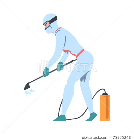 Person in Antiviral Suit and Mask Spraying Disinfectant in Public Places, Coronavirus Prevention Concept Cartoon Style Vector Illustration 75535248