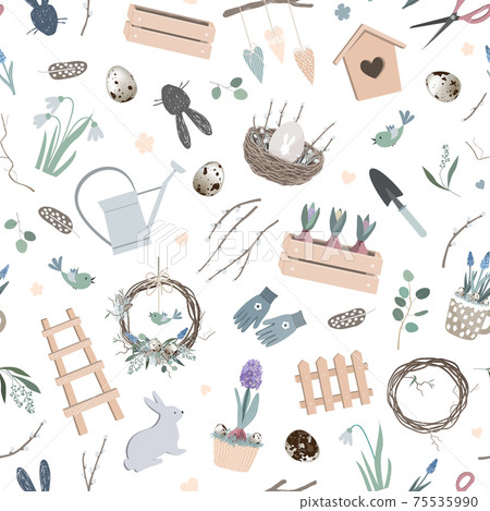 Scandinavian Easter seamless pattern with spring decor, hand made wreath, garden tools, bunny figure, willow branches, eggs, and nest. Vector Season background 75535990