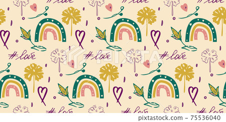 Vector hand drawn doodle seamless pattern, minimalistic boho ink painting style, rainbow, heart, flower images, lettering, dark green, pink color palette 75536040